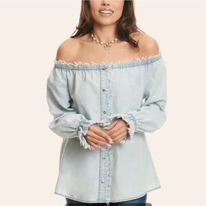 NWT Mazik Off-Shoulder Long Sleeve Button down Denim Top size Medium #1006